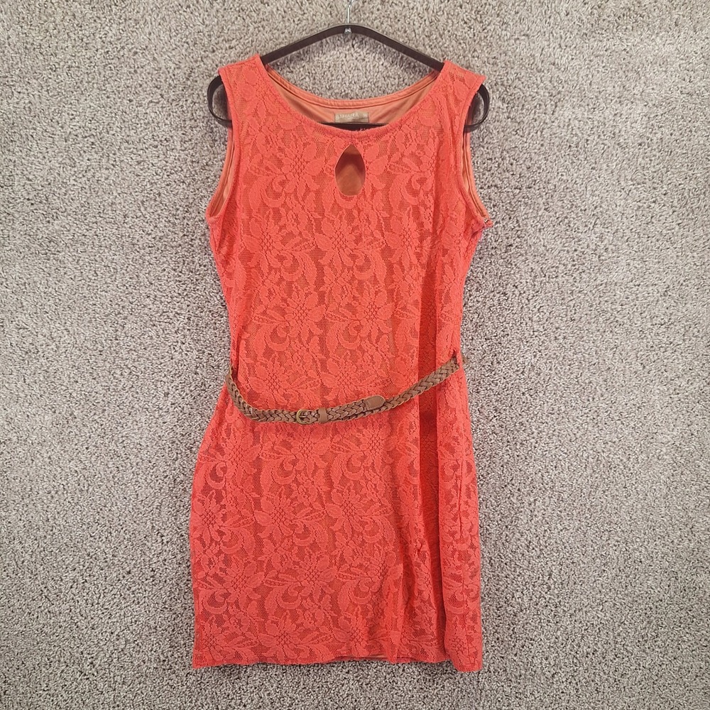 Sahara Mini Dress Womens 38‎ Orange Lace Sheath Belted Keyhole Sleeveless Boho